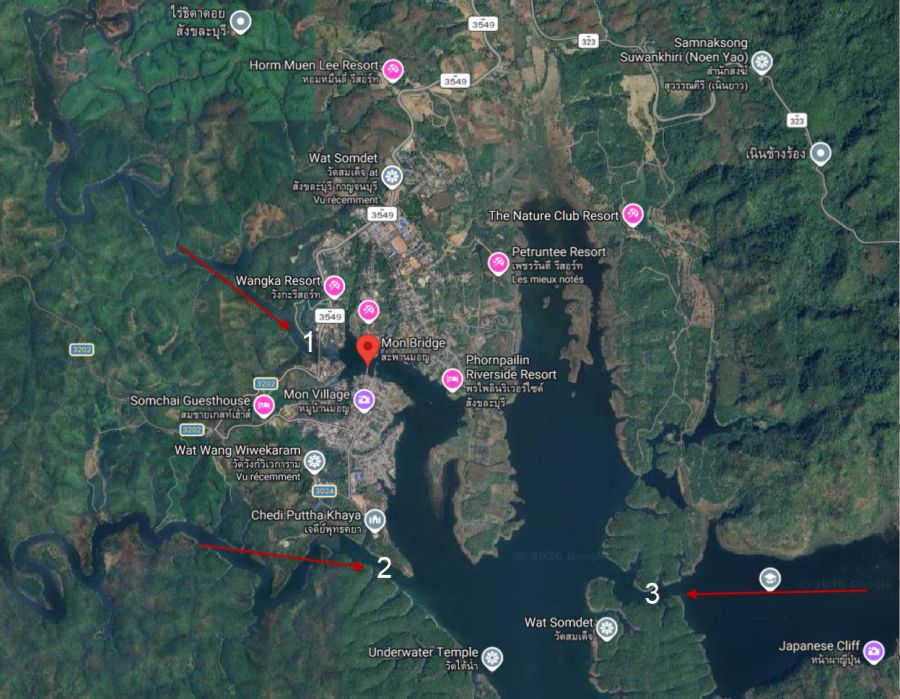 Carte satellite du lac Vajiralongkorn près du pont Mon