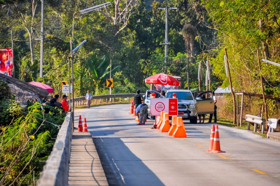 Contrôle routier avec cônes et véhicules en zone boisée
