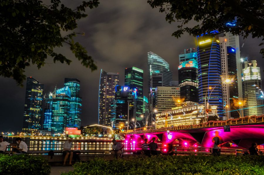 Quartier d’affaires illuminé de Singapour et pont rose nocturne