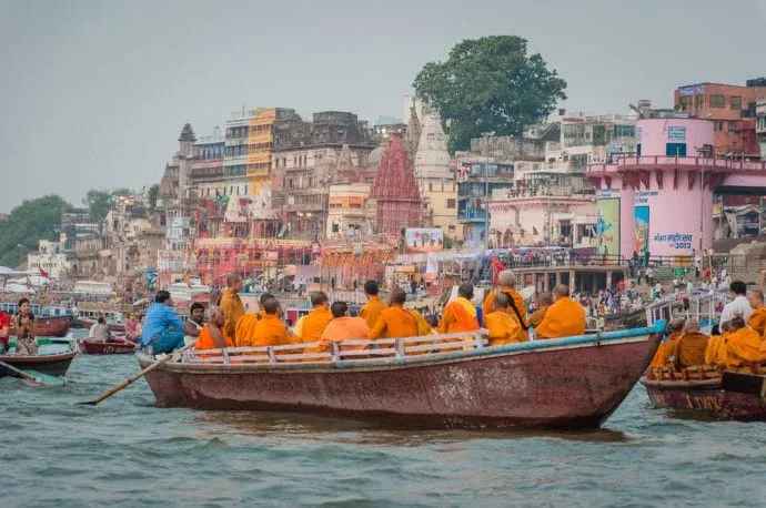 thai monks walking ganges varanasi - india