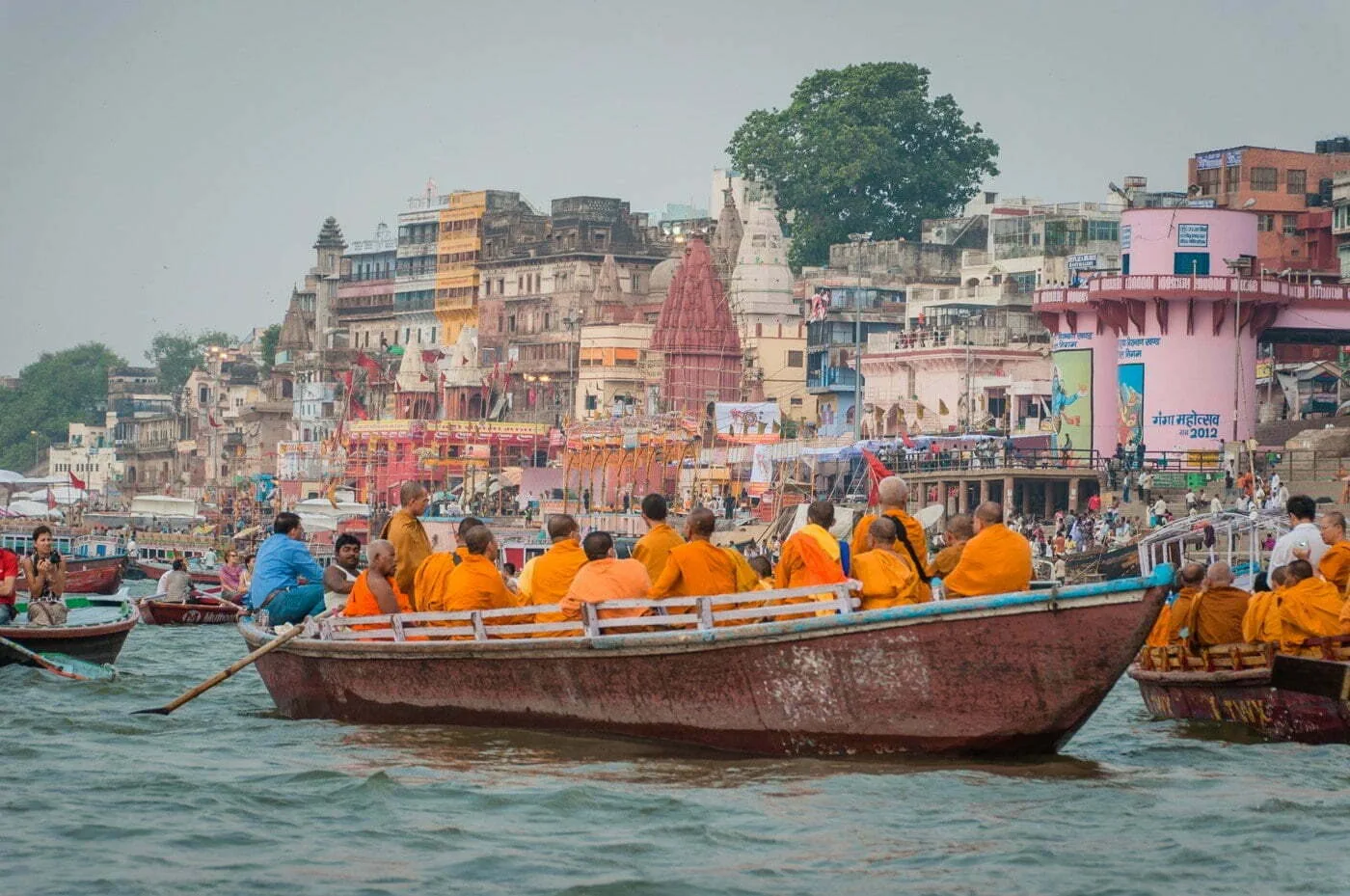 thai monks walking ganges varanasi - india