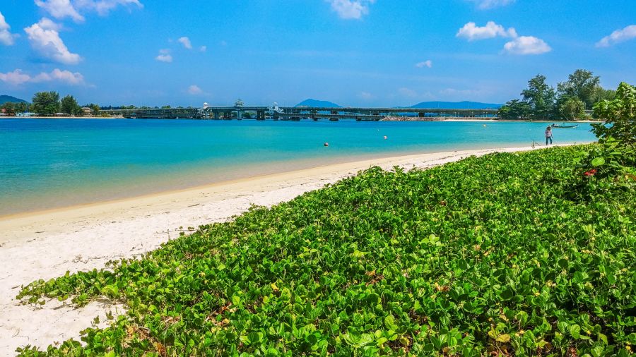 Plage tropicale, eau turquoise et pont sous ciel bleu