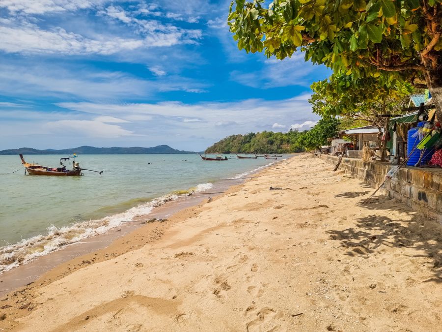 Plage tropicale avec bateaux de pêche et arbres