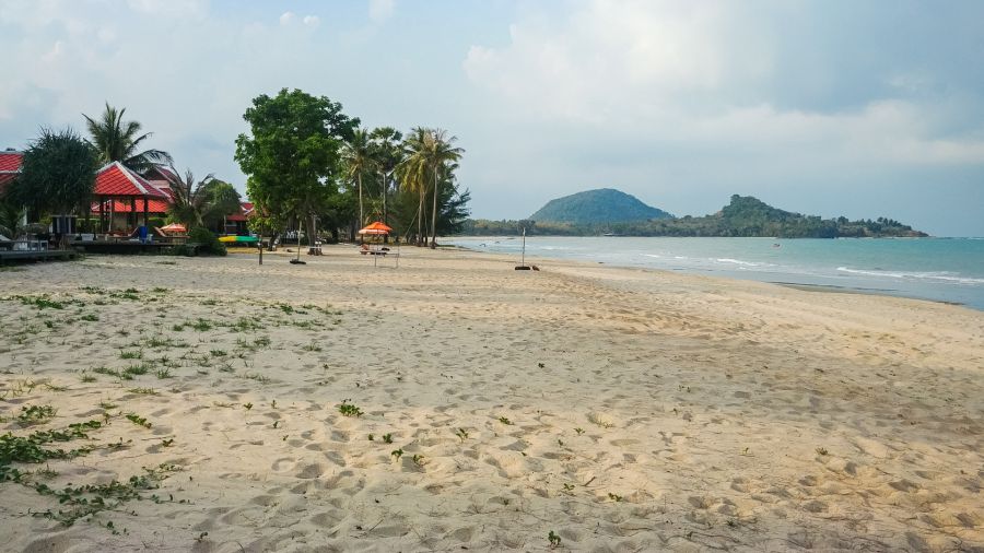 Tropical beach lined with palm trees facing small islands