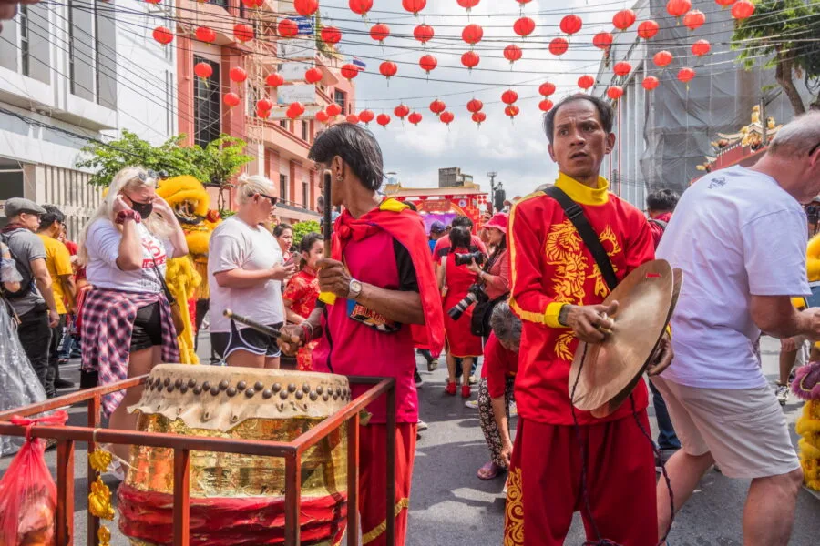 musicians accompanying lion dance chinese new year bangkok