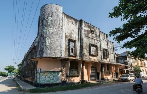 old theater in a street of mawlamyine south burma