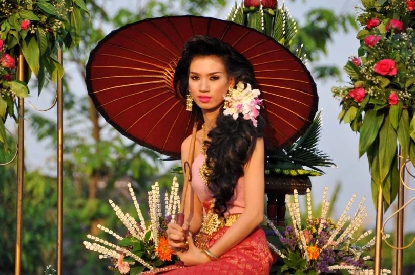 thai woman during songkran procession thailand