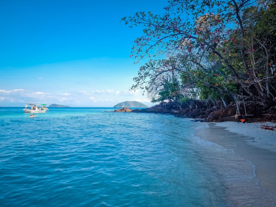 Plage tropicale turquoise, bateau et arbres sous ciel bleu