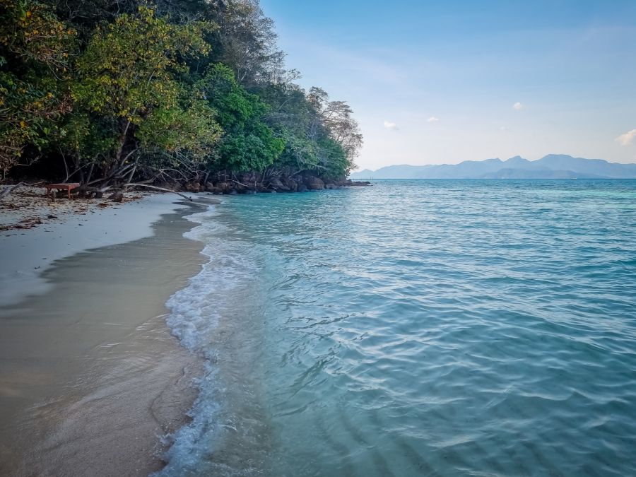 Plage tropicale bordée d’arbres, eau turquoise et montagnes lointaines