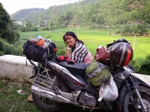 Photo break with motorbike north vietnam