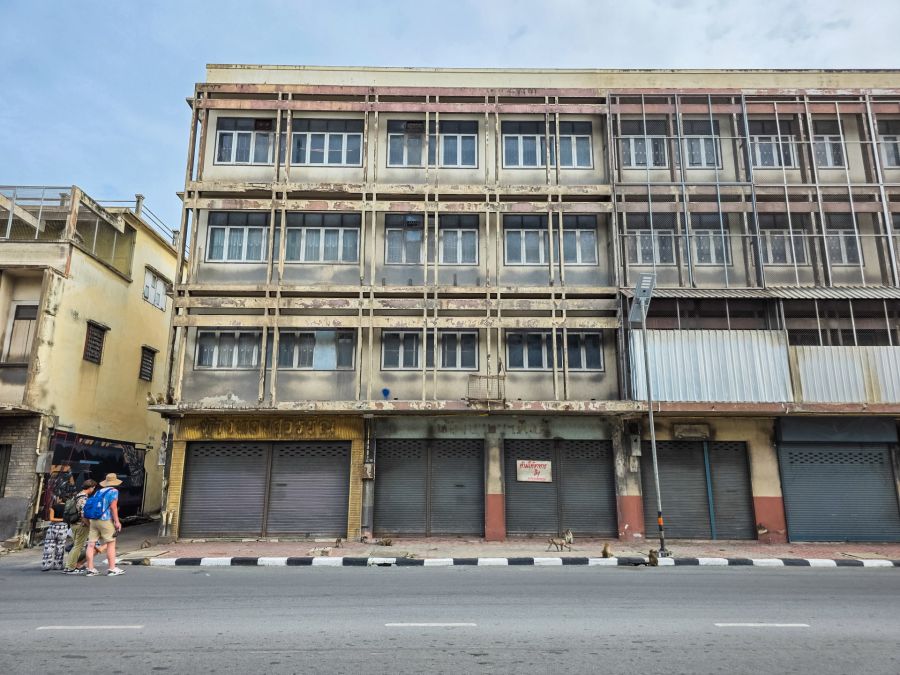 Façade d’immeuble vétuste aux commerces fermés et singes
