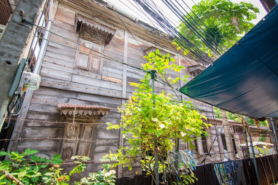 Maison en bois ancienne entourée de câbles et végétation