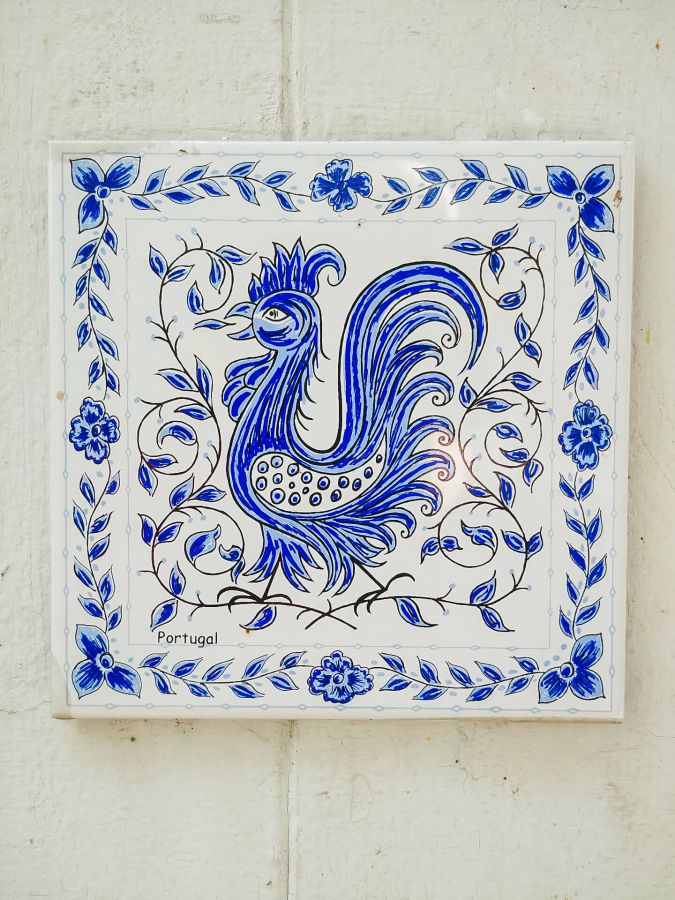 Azulejo portugais bleu représentant un paon parmi des fleurs