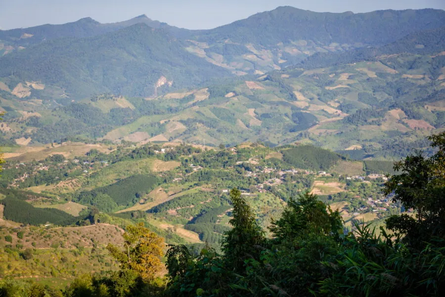 villages visible mountainside phu chi fah province of chiang rai