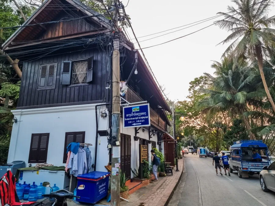 end of day street bordering mekong luang prabang