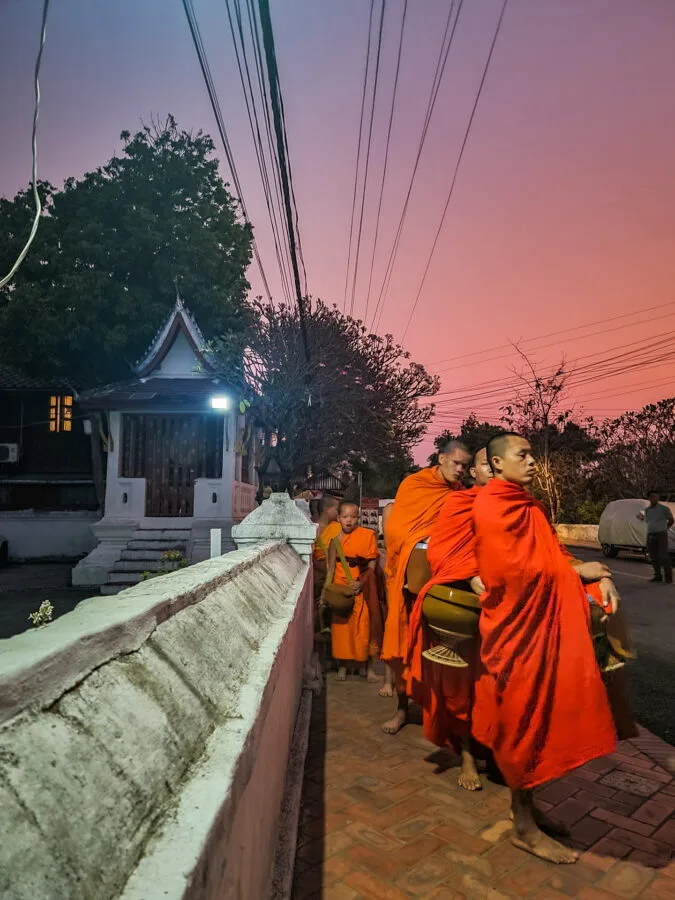 first monks arriving tak bat ceremony luang prabang