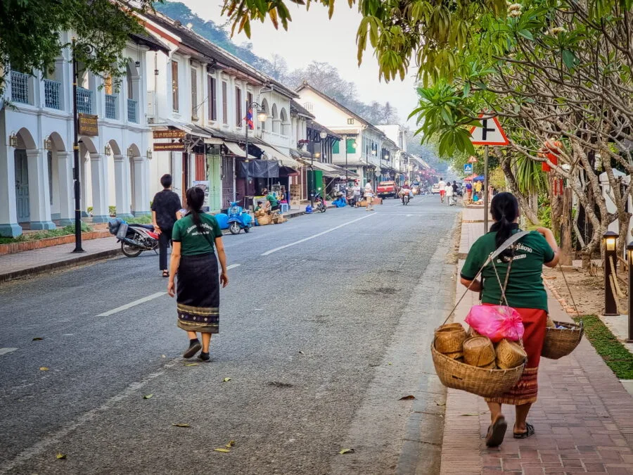 luang prabang street good morning after tak bat
