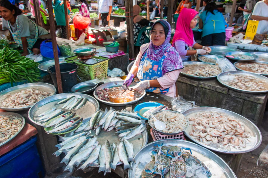 vendeuse de poissons au marché talat nat khang sala klang nakhon si thammarat