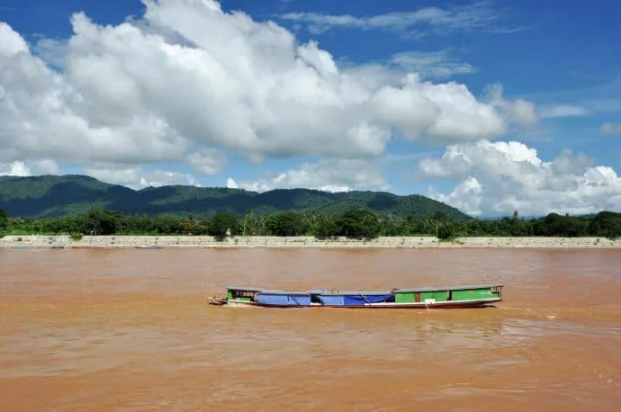 boat on the mekong at the golden triangle point in thailand