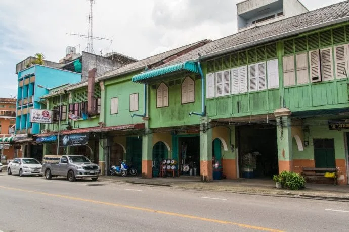 alignment of sino portuguese houses in trang city - thailand