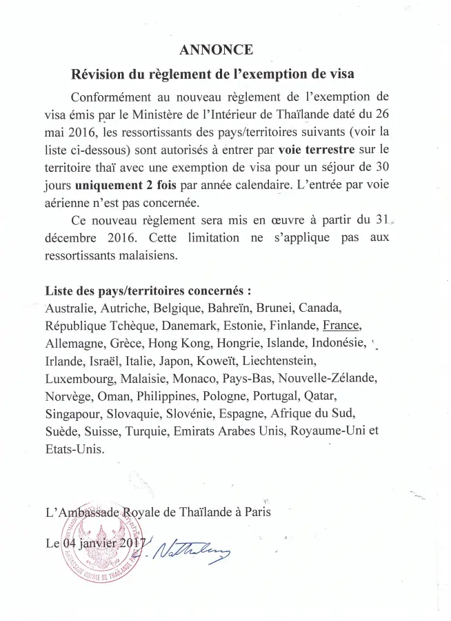 annonce ambassade thai france exemption de visa