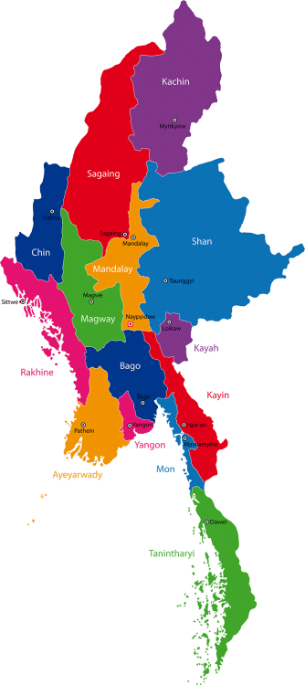 Map of Burma divided into regions Map of Burma divided into regions