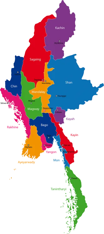 Map of Burma divided into regions