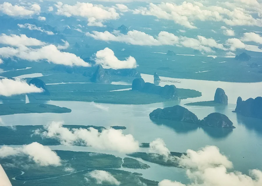 phang nga bay seen from the sky departure from phuket airport