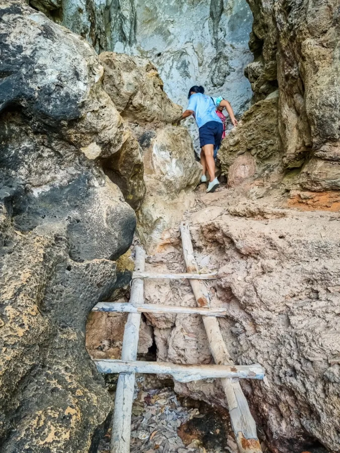 wooden ladder access to ko sawang yai cave phang nga bay