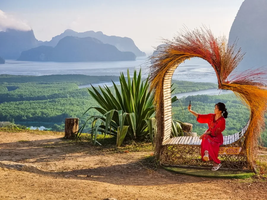 woman selfie viewpoint phang nga bay samet nangshe