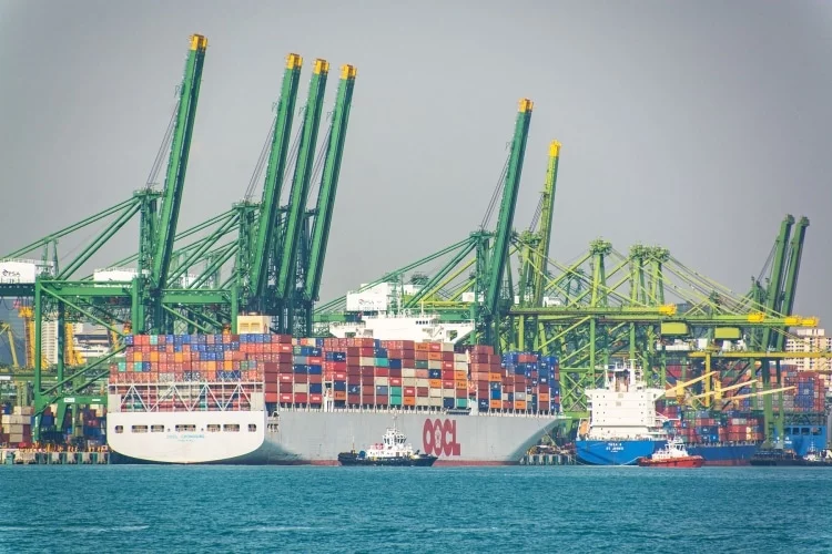 imposing container ship at the port of singapore
