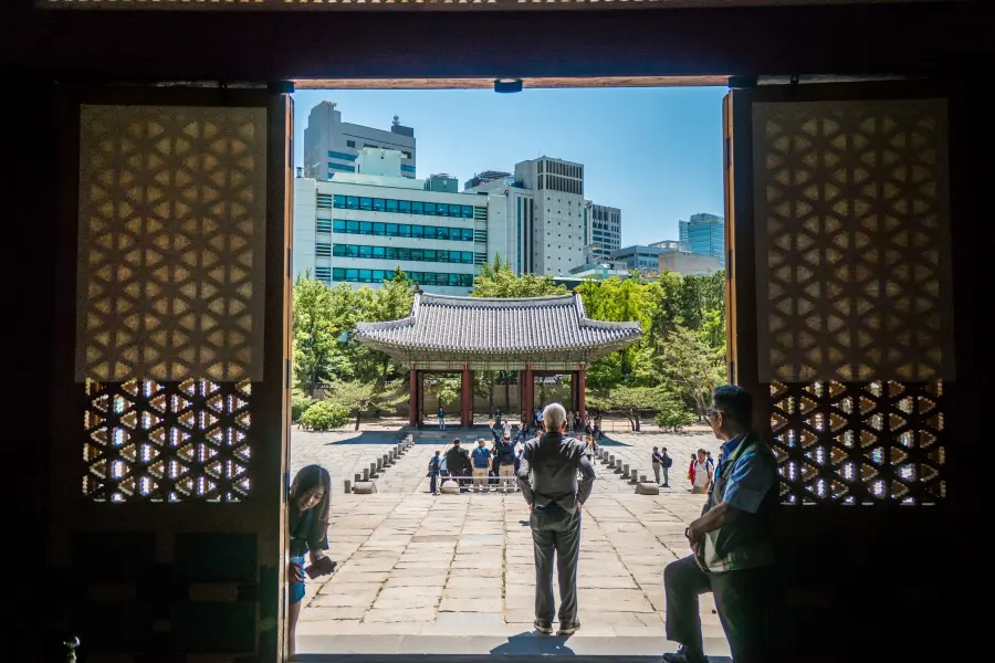 view from inside junghwajeon deoksugung palace seoul