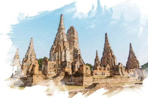 illustration wat chai watthanaram ayutthaya thailand