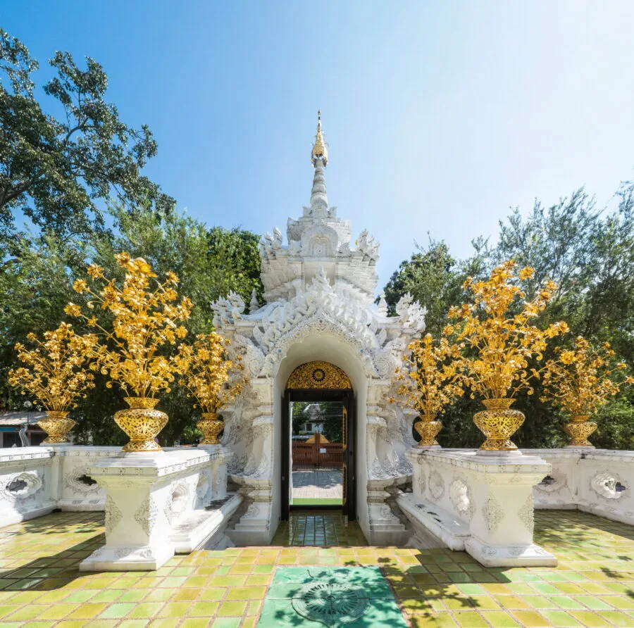 door in front of ubosot - wat ram poeng - chiang mai