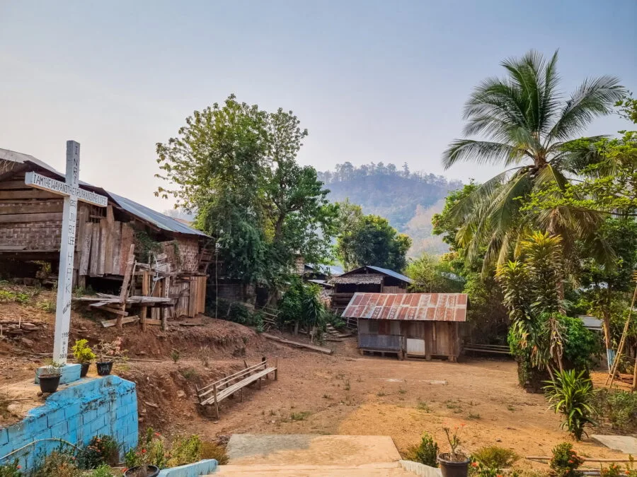 in front of the church in the village of Ban Huay Pu Keng