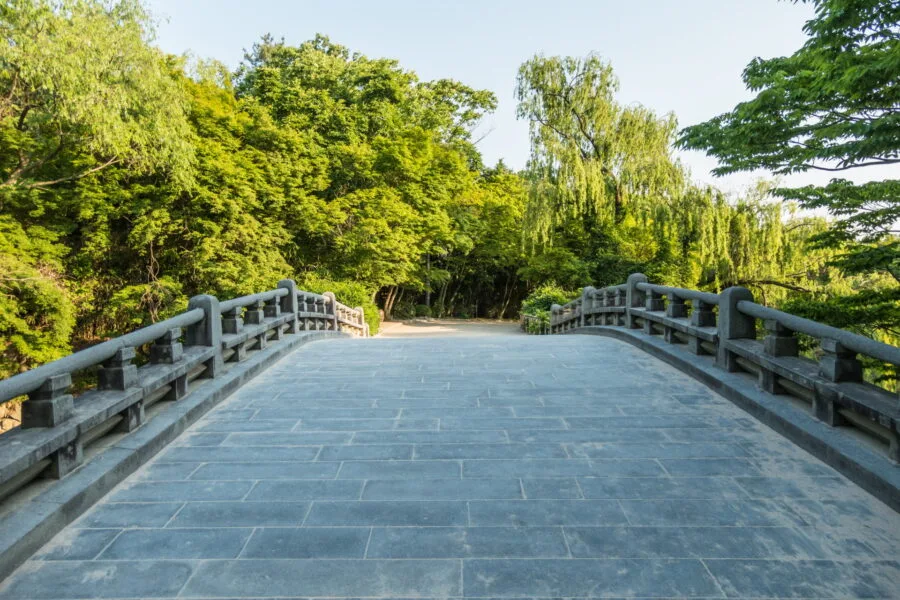 bridge leading to bulguksa gyeongju temple garden