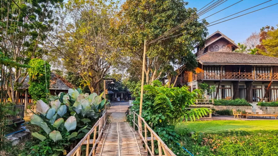 crossing bamboo bridge pai thailand