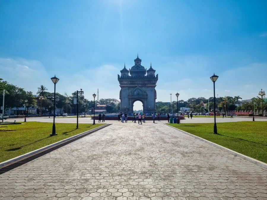in front of victory gate patuxai vientiane laos