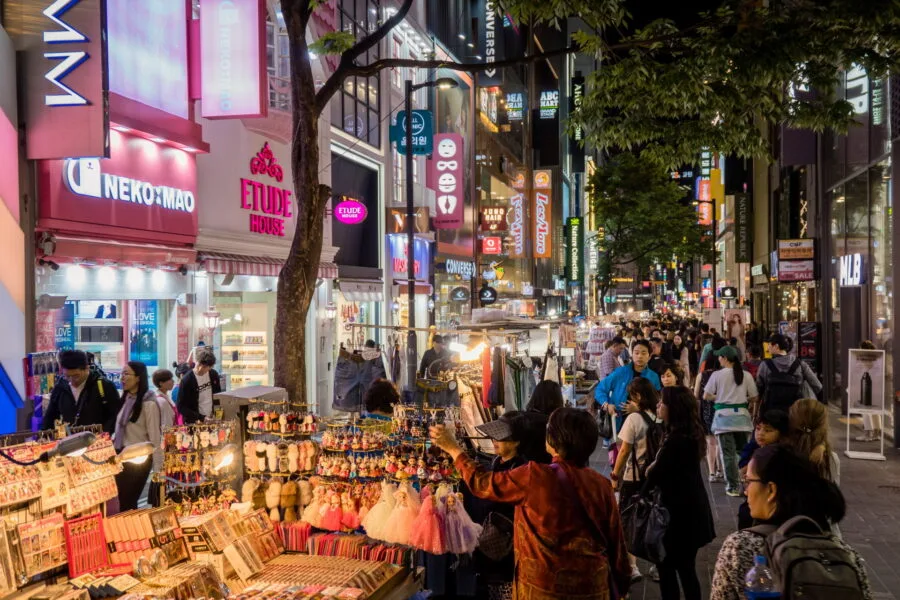 shops street evening district myeongdong seoul