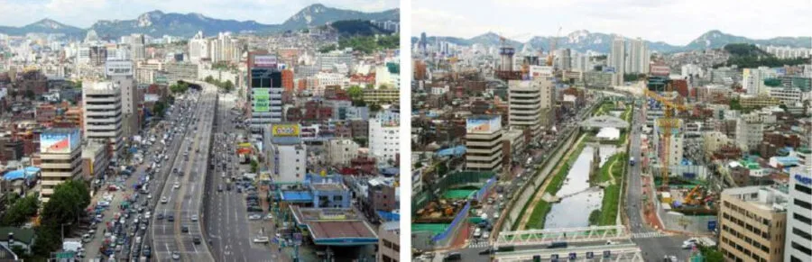 comparison Cheonggyecheon stream before after rehabilitation seoul