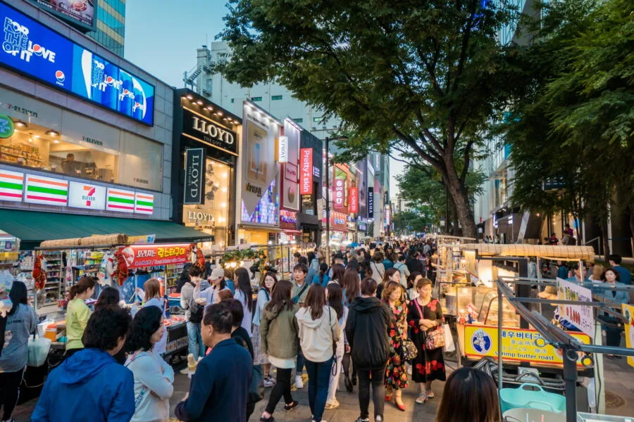 crowd in the heart of myeongdong district seoul