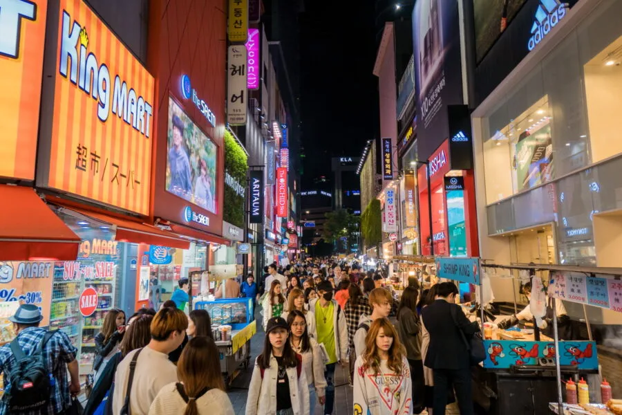 crowd at myeongdong district evening seoul
