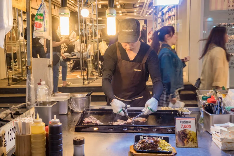 grilled meat food stand myeongdong district seoul