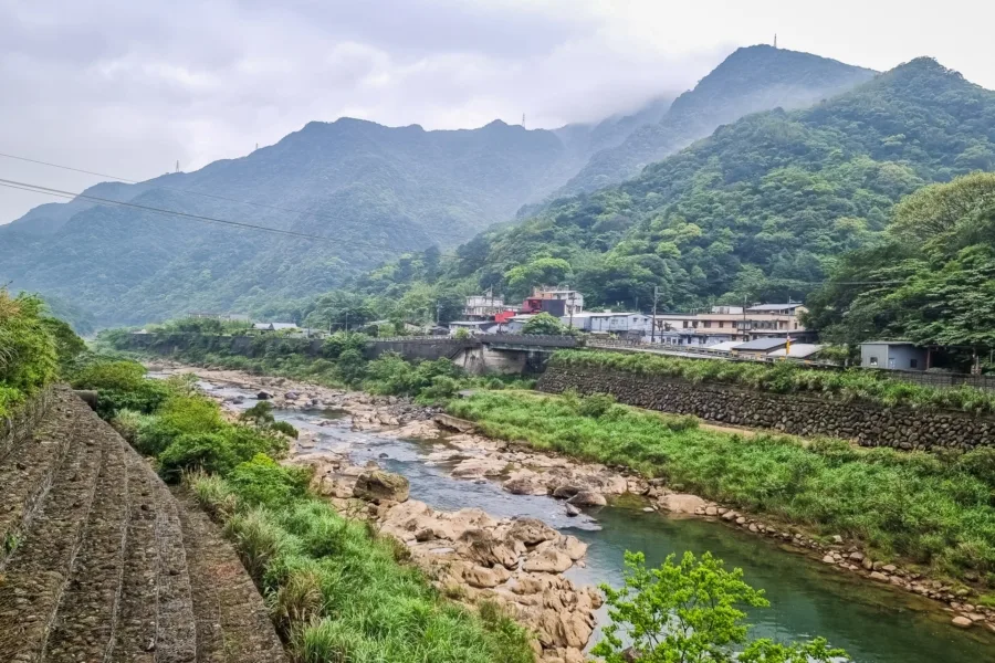 view from xinjieshou bridge near houtong cat village taiwan