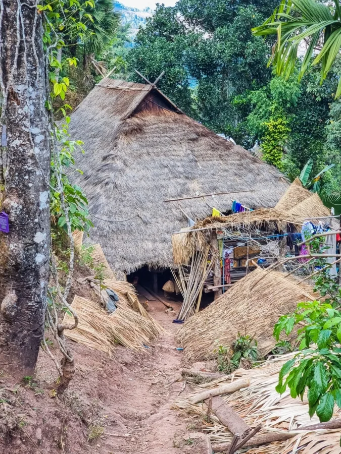 thatched roof house village ban pa kam nan thailand