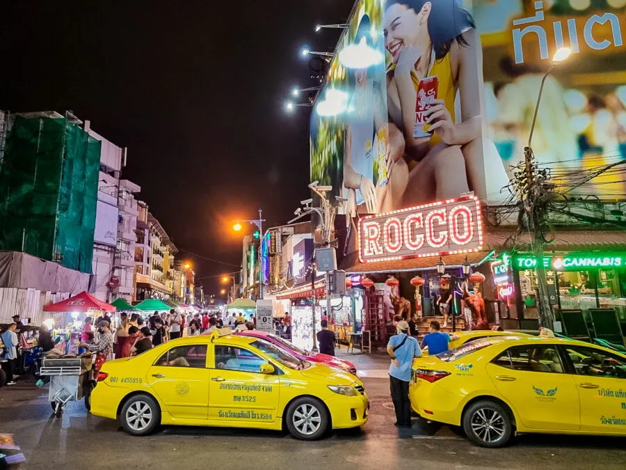 taxis waiting in front of khao san road bangkok