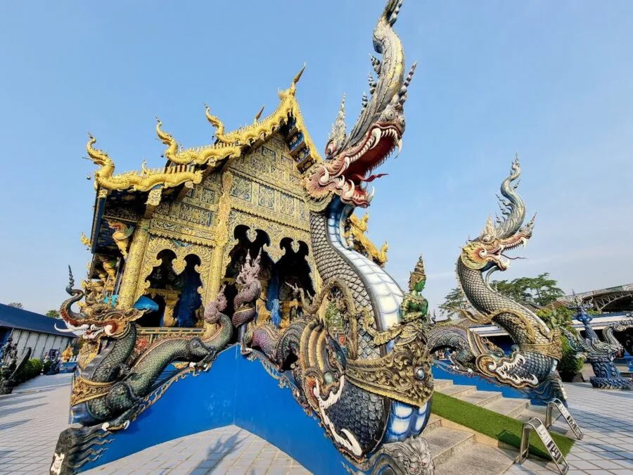 front facade wat rong suea ten blue temple chiang rai