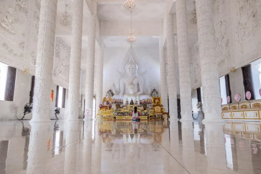 white ubosot interior staircase wat huay pla kang chiang rai