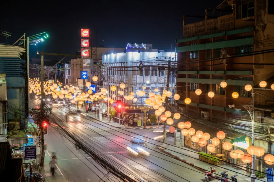 main street at night near the night bazaar chiang rai
