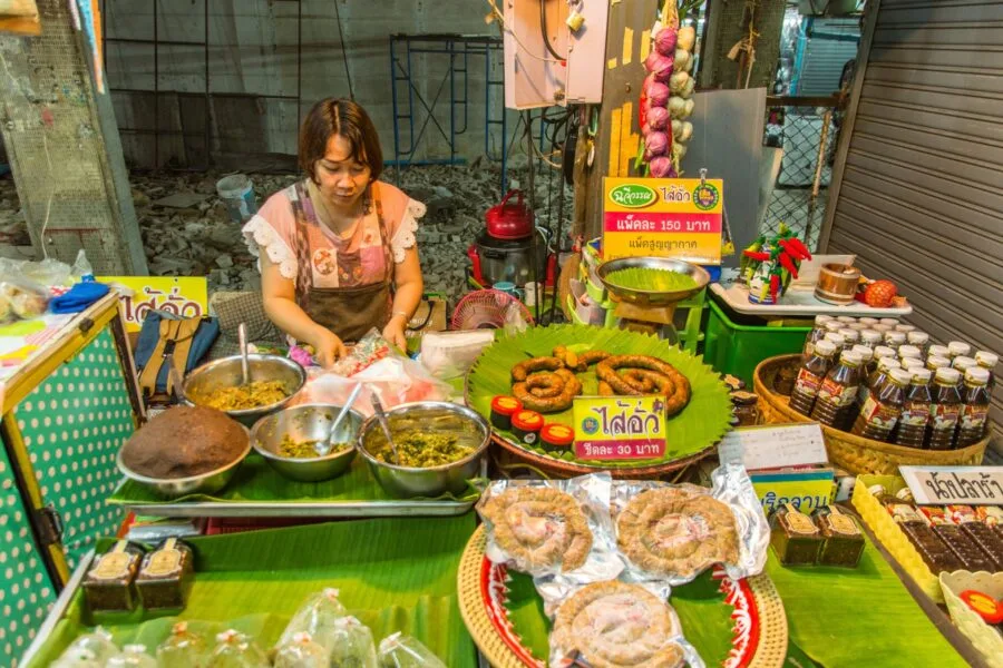 saleswoman and her stall at the Chiang Rai municipal market
